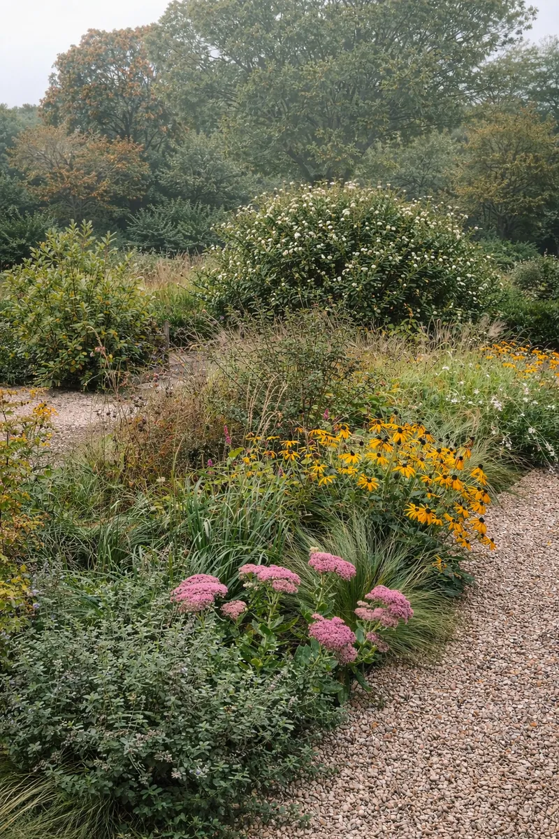 Tuinontwerp - kleurrijke border met grindpad