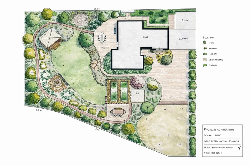 Tuinontwerp plattegrond - achtertuin met gazon en terrassen