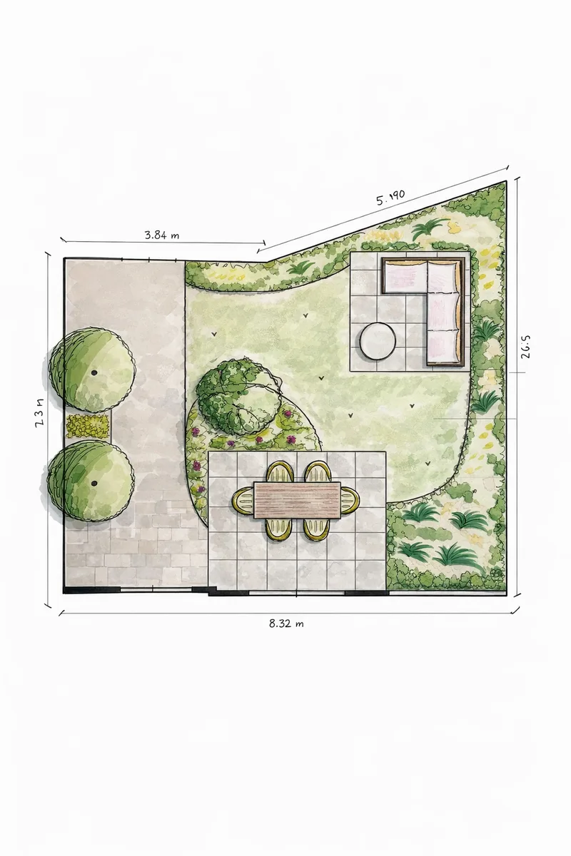 Tuinontwerp plattegrond - compacte tuin met zithoek